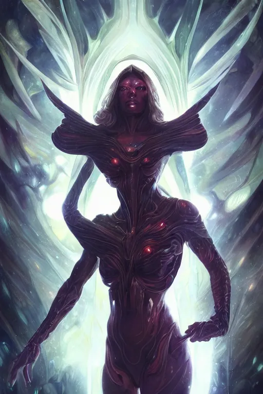 Prompt: portrait of a demonic galactic conqueror with inhuman body, galactic storms, nexus of the universe, godlike, full body, fantasy, intricate, elegant, highly detailed, digital painting, artstation, concept art, sharp focus, illustration, art by artgerm and greg rutkowski and alphonse mucha and ross tran