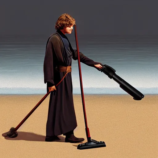 Image similar to anakin skywalker vacuuming the beach for sand, 4k, photorealistic,