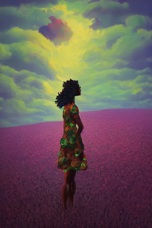 Image similar to closeup, giant flower head, black woman in heather field, surreal photography, starlight, storm clouds, impressionist painting, digital painting, artstation, simon stalenhag