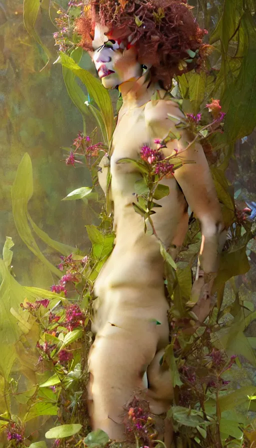 Image similar to hyper realistic weed fairy, plants covering her full body painted by valerie hammond, tom bagshaw, mucha, gaston bussiere, craig mullins, j. c. leyendecker 8 k