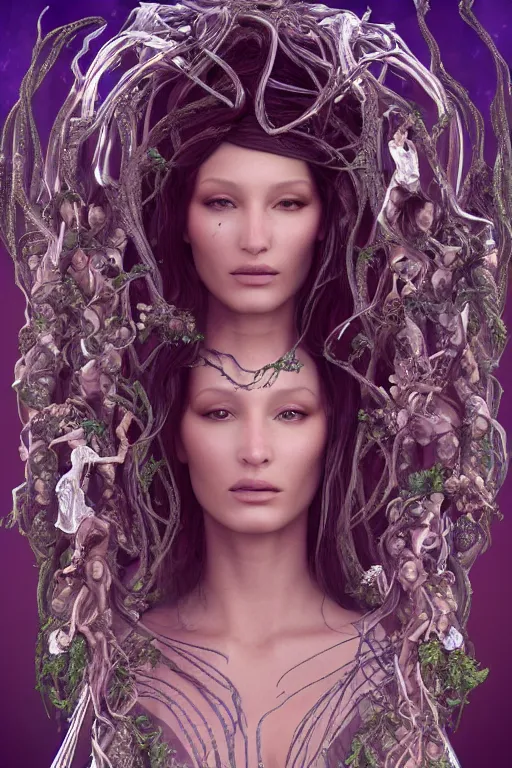 Prompt: a photo of a beautiful ancient alien medusa gorgon woman goddess bella hadid standing in iris van herpen dress jewelery and fractals in style of alphonse mucha art nuvo dmt trending on artstation made in unreal engine 4