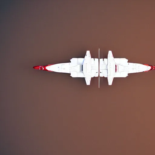 Prompt: two sleek white long spacecraft with red details, flying diagonally over the surface of mars, highly detailed, view from above, photorealistic, cinematic, sci-fi, octane render