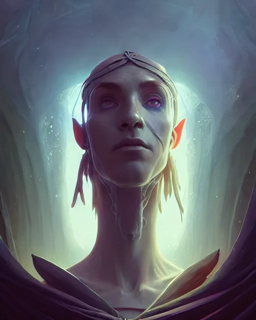 Image similar to highly detailed surreal vfx portrait of a elfpunk mage grim reaper, stephen bliss, unreal engine, greg rutkowski, loish, rhads, beeple, makoto shinkai and lois van baarle, ilya kuvshinov, rossdraws, tom bagshaw, alphonse mucha, global illumination, detailed and intricate environment