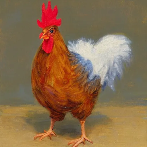 Image similar to a high quality photo of a chicken wearing a suit, Impressionism, 8k