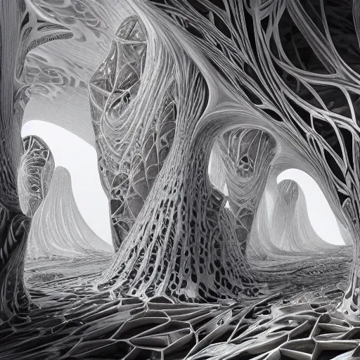 Prompt: epic fractal cave interior by zaha hadid, iris van herpen and rick owens. highly detailed, hyper - real, very beautiful, intricate fractal details, very complex, opulent, epic, mysterious, polished, futuristic design, trending on deviantart and artstation