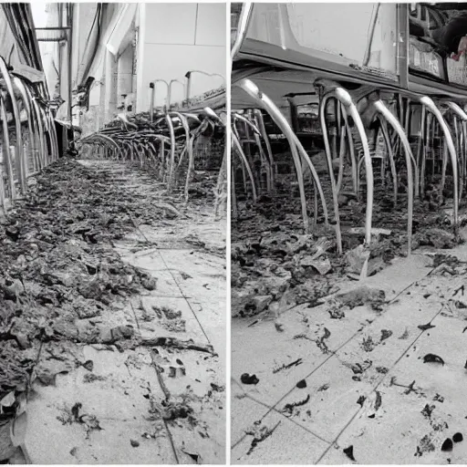 Image similar to a ransacked grocery store, broken signs, filthy flooring. Vines growing. Award-winning photo. OM system 12–40mm PRO II 40mm, 1/100 sec, f/2 8, ISO 800