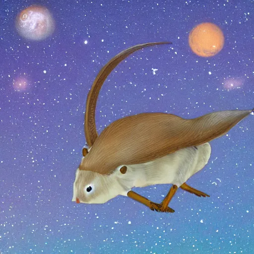 Prompt: robotic giant shrew swimming in the milky way galaxy