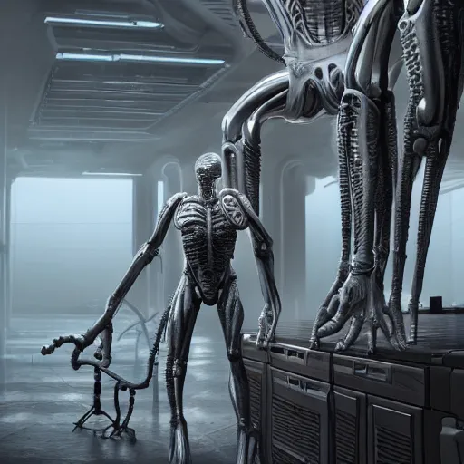 Image similar to cyborg human Xenomorph giant sitting at a table inside the depths of futuristic citadel, amazing 8k character concept art, plant conservatory biolab, fineline detail, cinematic quality, vray 8k render