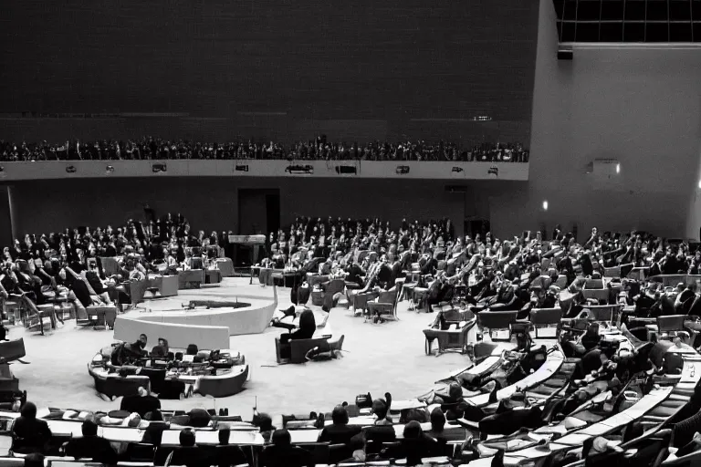 Prompt: A medium shot of The Prime Minister of Sweden, Magdalena Andersson, playing a drums on stage in the UN Assembly Hall. Cinematic lighting, photorealistic, cinematography by Stanley Kubrick. 8k. 24mm lens