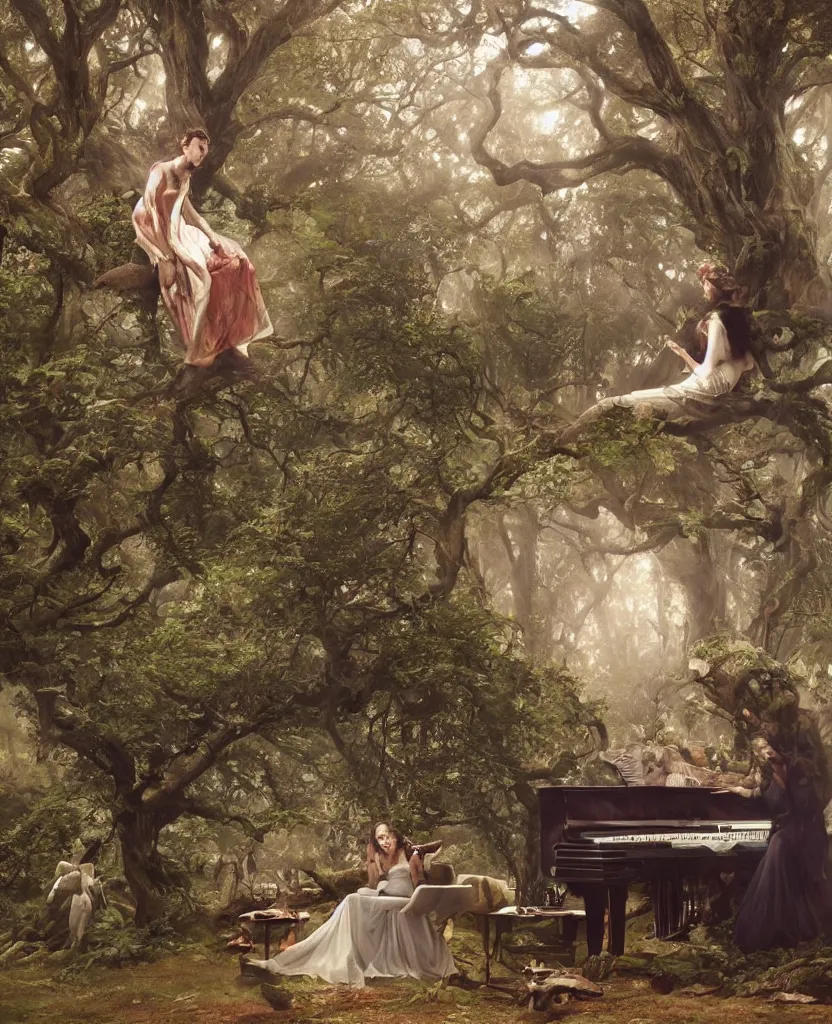 Image similar to woman playing a piano sitting on a giant tree, very detailed, 8k, maximized, ornate, masterpiece, complex, by Greg rutkowski, Alex Gray, surrounded by smoke