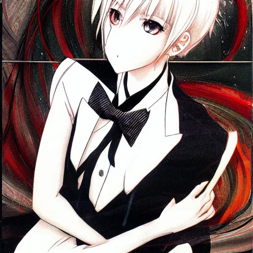 Image similar to Realistic illustration of an anime girl with short white hair and black eyes wearing tuxedo in the style of Yoshitaka Amano, abstract black and white background, film grain effect, highly detailed, Renaissance oil painting