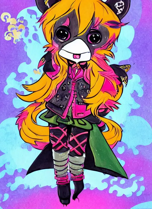 Prompt: A vintage painted illustration of an adorable chibi rogue fox anime guy in the style of Lisa Frank Babs Tarr Hantine Hsu sitting in a couture leather and spike vest that has skulls on it