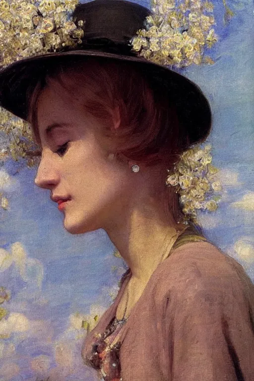 Prompt: close - up fashion blonde woman portrait airy flowers cloudy sky art by vasnetsov