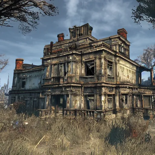 Prompt: an old abandoned mansion from fallout 4 game