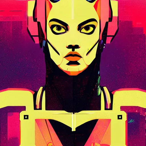 Image similar to a graph - style gouache impasto huge robot head in front of her, cyberpunk art by by james gilleard, mucha, cgsociety, retrofuturism, synthwave, retrowave, outrun