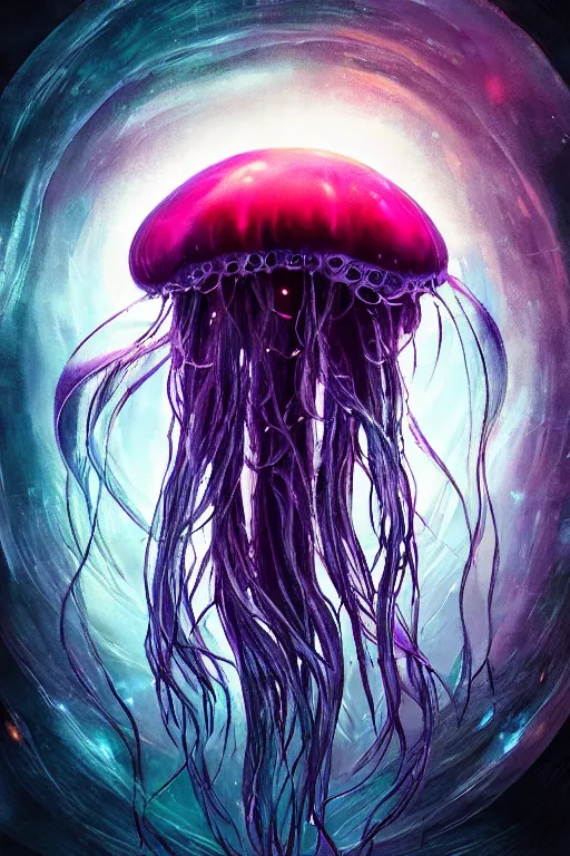 Prompt: Perfectly-centered Hyperdetailed realistic cinematic RPG portrait-illustration of a jellyfish, in the style of an epic comic-book cover, next to bio-luminiscent skyscrapers. Professional post-processing and HDR digital airbrush painting, arthouse, cosmic horror, surreal dark otherworldly mood, award winning picture, trending on Gsociety and ArtstationHQ, neon-noir background, glowing rich colors, 8K, 3D rim light, 3d final render, 3d shading, unreal 5, octane render, iridiscent accents, psychedelic highlights, dramatic shadows, dynamic lighting, atmospheric lighting, anamorphic lens, sharp focus