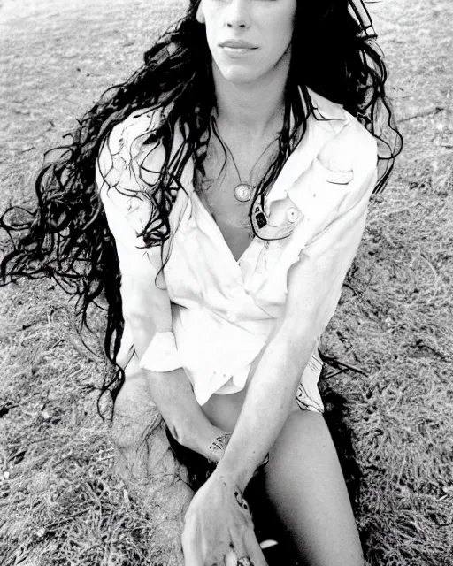 Prompt: a beautiful professional photograph of alanis morissette as beautiful by herb ritts, arthur elgort and ellen von unwerth for vogue magazine, unusually attractive, fashion model looking at the camera in a flirtatious way, zeiss 8 0 mm f 2. 8 lens