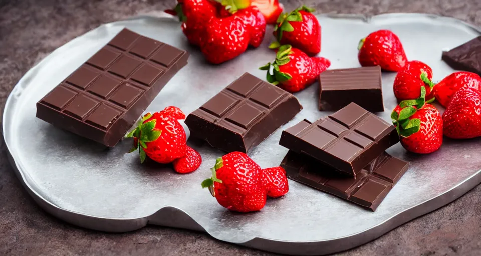 Image similar to A gourmet dark chocolate bar on an opened silver wrapper, next to sliced strawberries, on a wooden tray, macro lens product photo