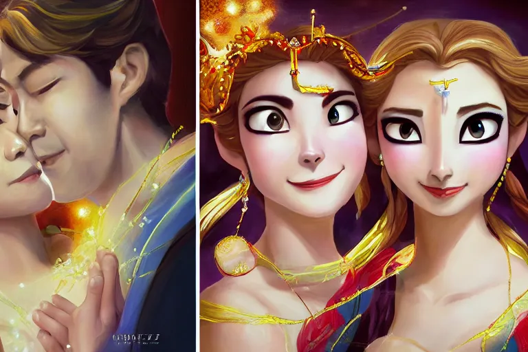 Prompt: a cinematic portrait of wedding photograph jpeg close up moment of a divine a japan sun god and moon goddess lovers magician at a wedding banquet. portraiture. digital painting. artstation. concept art. wedding photo. illustration. frozen ii art masterpiece by art by krenz cushart