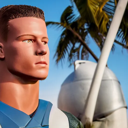 Image similar to a realistic detailed photo of a guy who is an attractive humanoid who is half robot and half humanoid, who is a male android, football player christian mccaffrey, shiny skin, posing like a statue, blank stare, by the beach, on display