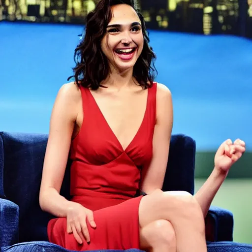 Image similar to gal gadot answering a question on a tv late night show