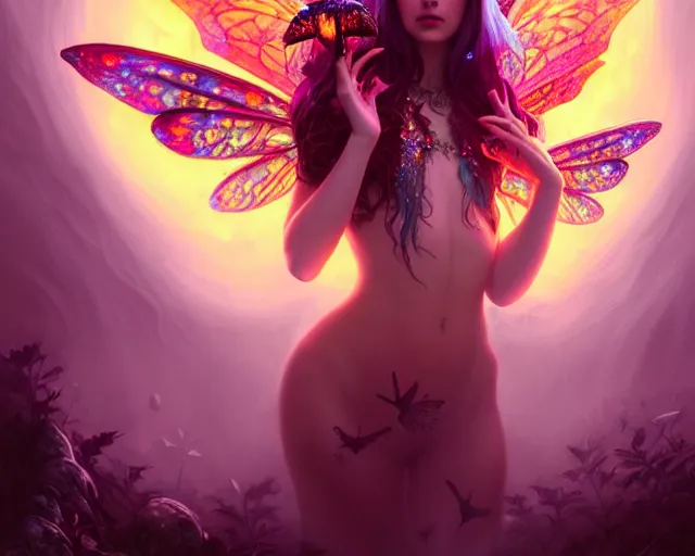 Image similar to stunningly beautiful female faerie priestess in amanita muscaria forest landscape, symmetrical wings on back, symmetrical face, stunning eyes, neon hair, fantasy art, dark light night, sharp focus, digital painting, 4 k, concept art, art by wlop, artgerm, greg rutkowski and alphonse mucha