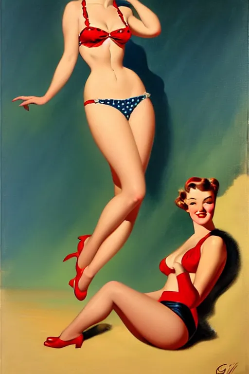 Image similar to 1940s pinup bikini girl, oil painting, by Gil Elvgren