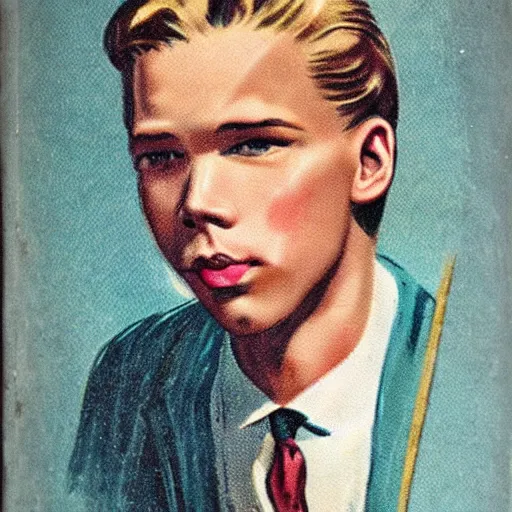 Prompt: “Austin Butler portrait, color vintage magazine illustration 1950”