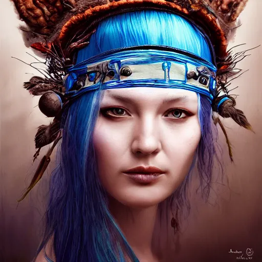 Prompt: A young female shaman, blue hair and antlers on her head. blindfolded, heilung, in the style of Heather Theurer, headshot photoshoot, insanely detailed and intricate, beautiful, elegant, cinematic toplight, portrait, headroom, artstation, karol bak