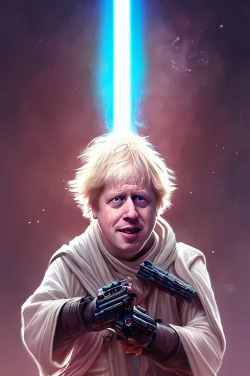 Image similar to Boris Johnson as a Jedi from Star Wars, Union Jack light saber, realistic portrait, symmetrical, highly detailed, digital painting, artstation, concept art, smooth, sharp focus, illustration, cinematic lighting, art by artgerm and greg rutkowski and alphonse mucha