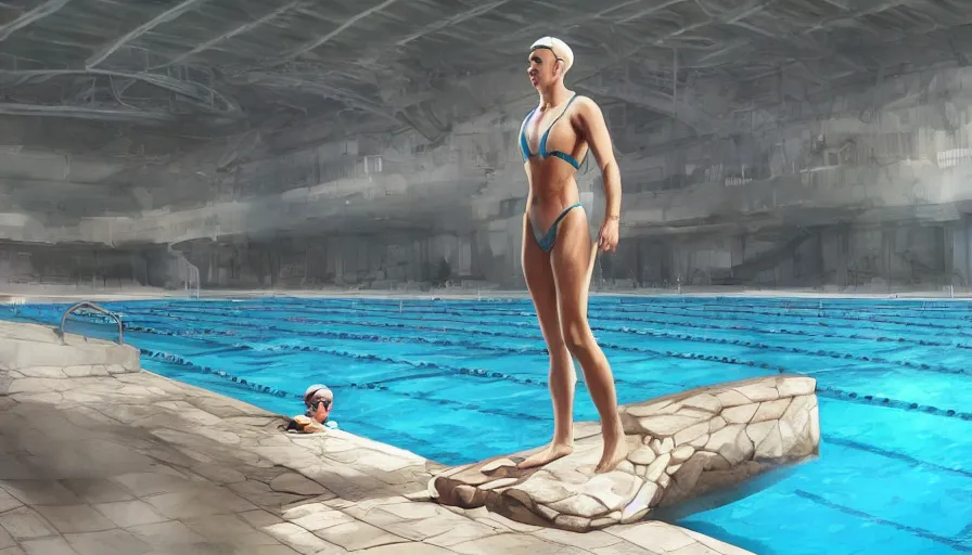 Prompt: Olympic swimmer getting ready to dive into a pool without water, hyperdetailed, artstation, cgsociety, 8k