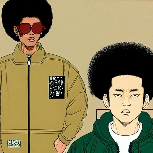 Image similar to illustration by katsuhiro otomo, black man with afro hair, stubble, wearing an adidas army green jacket, in the streets of tokyo, akira style, by katsuhiro otomo