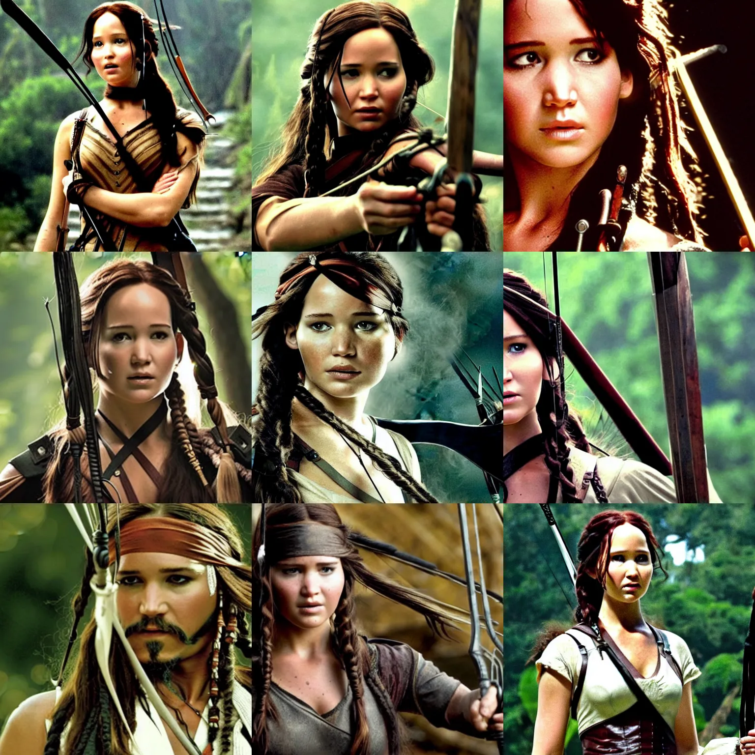 Prompt: Katniss Everdeen as Jack Sparrow, film still from 'Pirates of the Caribbean: Curse of the Black Pearl'