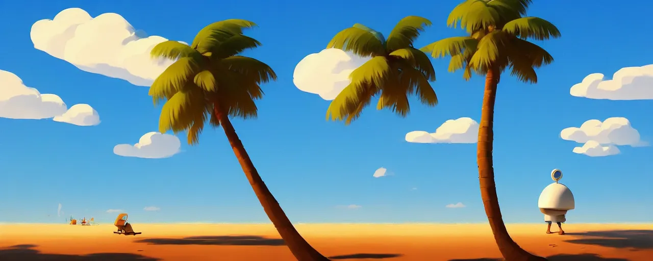 Image similar to painting by goro fujita!! bright blue illustration of a beach horizon with clouds and one palm tree in the style of goro fujita, sharp focus, highly detailed, artstation