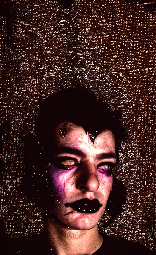 Prompt: cinestill 5 0 d candid photographic portrait by stanley kubrick of a feminine man wearing rugged black techwear and glitter makeup looking in the bathroom mirror, cramped new york apartment, medium closeup, retrofuturism cyberpunk emotional cinematic, light and shadows, 8 k, hd, high resolution, 3 5 mm, f / 3 2, ultra realistic faces