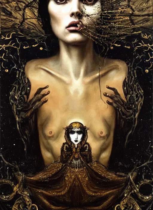 Image similar to highly detailed oil painting | very intricate | cinematic lighting | black, white and gold color scheme, dark background | the hermit looking into the abyss by alexander mcqueen | by roberto ferri, by tom bagshaw, by singer sargent and klimt, american romanticism, occult art | by austin osman spare, artstation, cgsociety, official art, octane