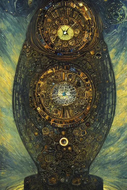 Image similar to The Tomorrow Machine by Karol Bak, Jean Deville, Gustav Klimt, and Vincent Van Gogh, otherworldly, fractal structures, arcane, clockface, spiral clock, inferno, inscribed runes, ornate gilded medieval icon, third eye, spirals