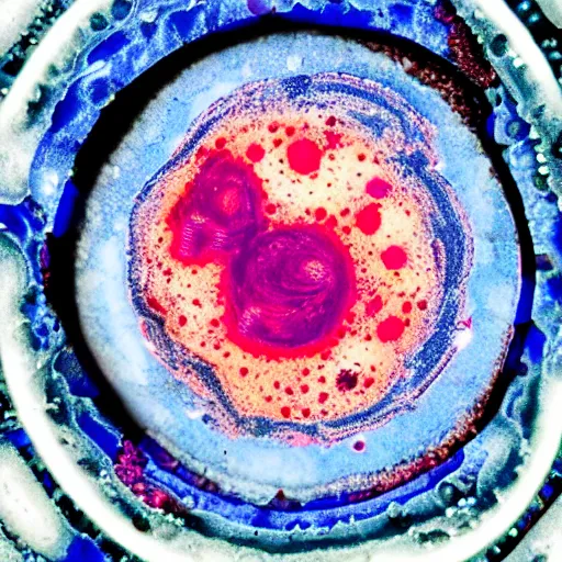 Prompt: a close up of a petri dish with a culture on it, a microscopic photo by kurt roesch, shutterstock contest winner, neoplasticism, creative commons attribution, macro photography, dye - transfer