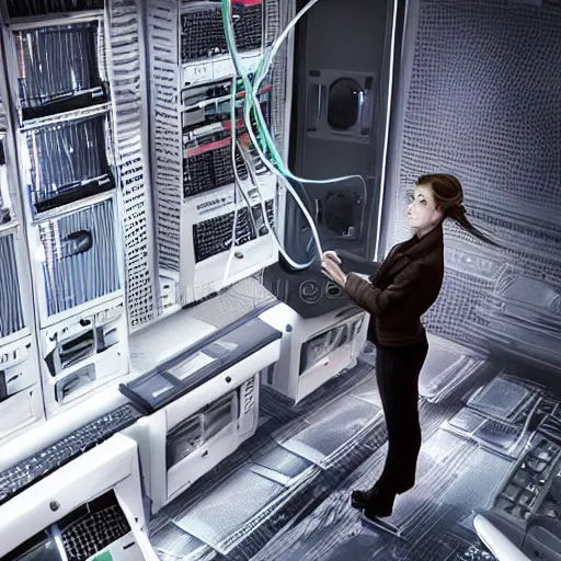 Image similar to illustration an it guy who is plugging a girl through cables to a computer and it cabinet. the girl looki like a mix of emma watson and scarlett johansson and nathalie portman, very details, cinematic render, matte painting by david rutkowski, by artgem