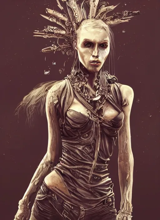 Prompt: detailed full body concept, oil painting of a mad max style female with beautiful face and eyes wearing intricate clothing, soft lighting and focus