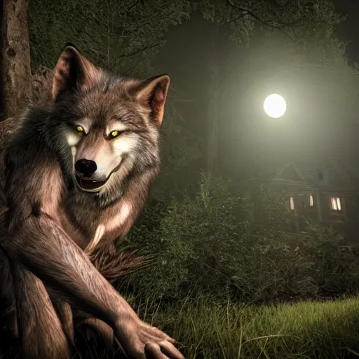 Image similar to hyper realistic werewolf hidden in the dark. higly detailed. background is a deep dark cabin in the woods. unreal engine 5