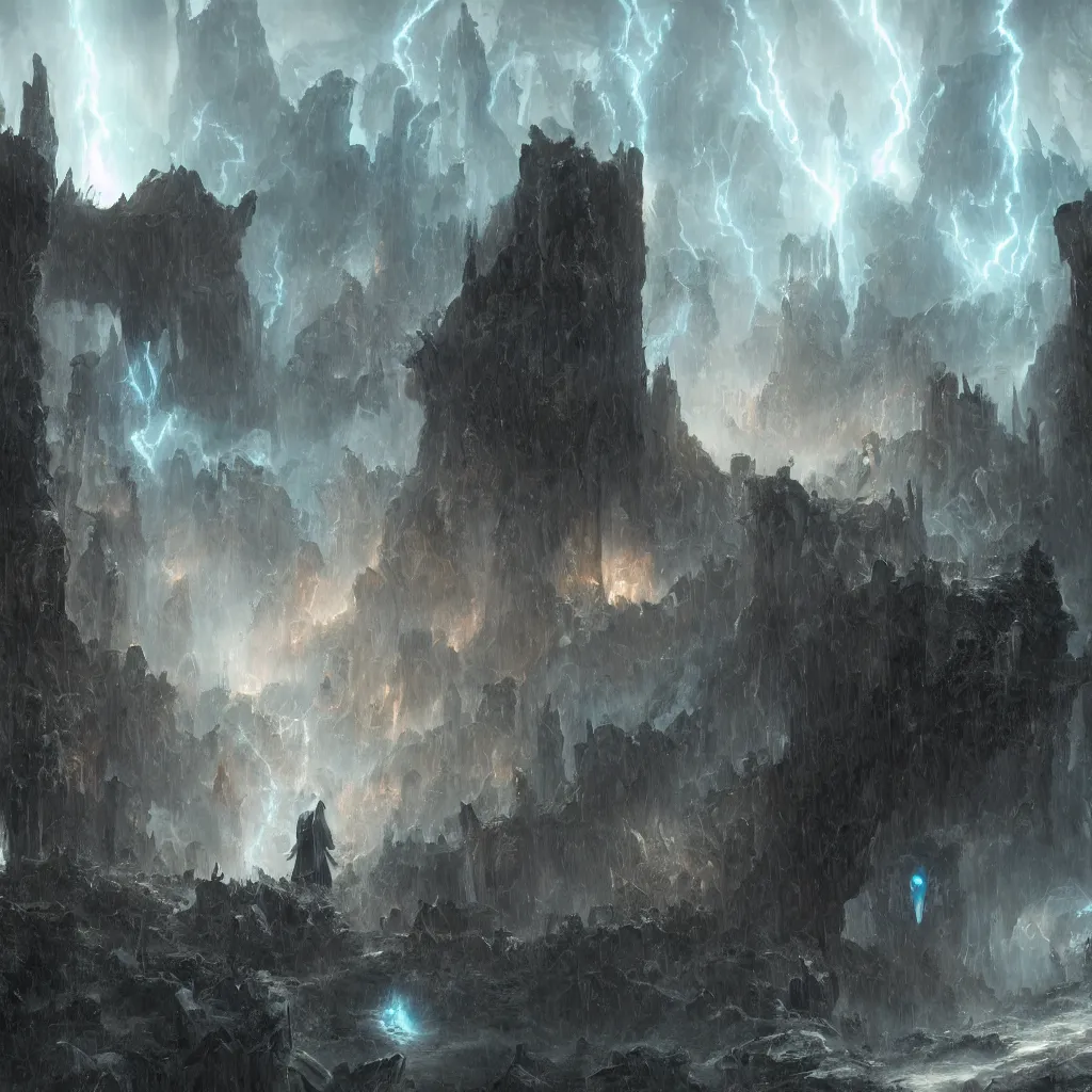 Image similar to a still of a cloaked figure standing in the ruins of crux prime, destroyed monastery, blue fiery maelstrom in the distance, it is raining, digital art, artstationhq