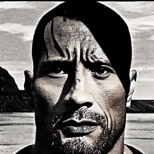 Image similar to film still, close up, dwayne johnson rising out of muddy vietnam river, face covered in mud, low camera angle at water level, night time, film still from apocalypse now ( 1 9 7 9 ), 2 6 mm