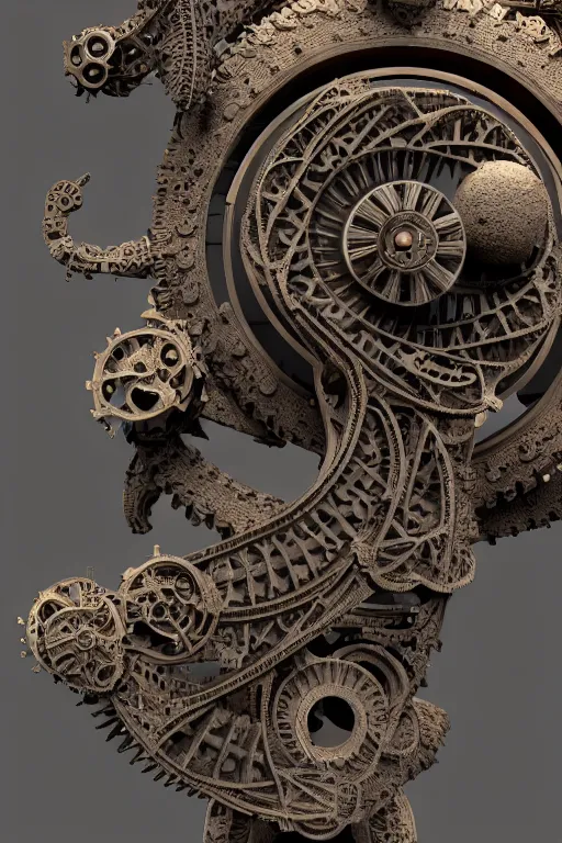 Prompt: detailed intricate biomechanical artifact on display, cinematic render