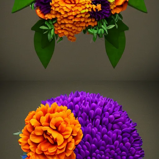 Image similar to a beautiful adorable matte digital painting of a pinata made of orange roses and orange chrysanthemums and purple poppies and green eucalyptus and green leaves, professional lighting, trending on artstation hq, contest winner