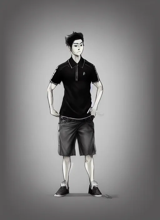 Prompt: a highly detailed illustration of fierce short black haired young half white half asian man wearing polo shirt, dramatic thinking pose, intricate, elegant, highly detailed, centered, digital painting, artstation, concept art, smooth, sharp focus, league of legends concept art, WLOP