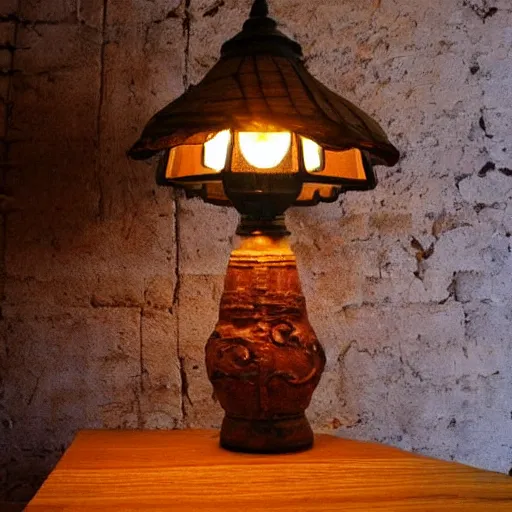 Image similar to a glowing lamp rustic and old looking with worn feel, lamp shade has dragons on it with are silhouetted because of the light, hyper detailed and realistic