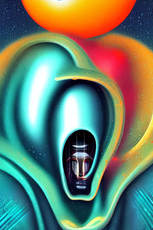 Prompt: art deco close up portait of mushroom head with big mouth surrounded by spheres, rain like a dream digital painting curvalinear clothing cinematic dramatic fluid lines otherworldly vaporwave interesting details epic composition by artgerm