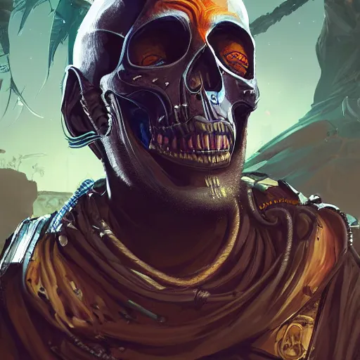 Image similar to a menacing somali space pirate with skull face paint, Apex Legends character digital illustration portrait design, by android jones, detailed, cinematic lighting, wide angle action dynamic portrait