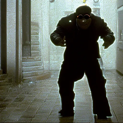 Prompt: film still of Elmo in The Matrix, full-shot, 4k